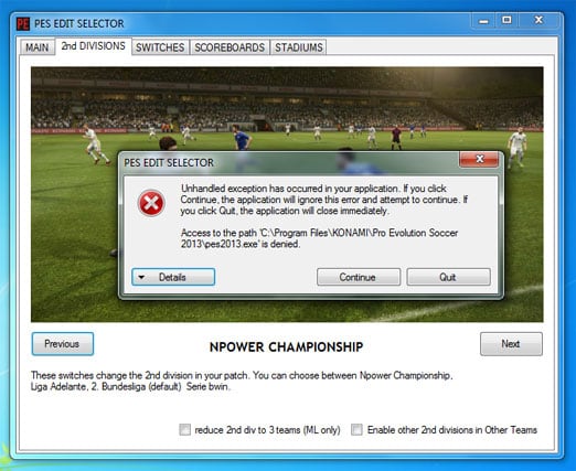 Помилка Unhandled exception has occurred при запуску гри PES Ошибка Unhandled exception has occurred при запуске игры PES