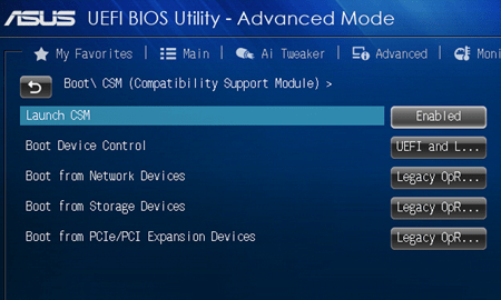 Режим CSM в ASUS UEFI BIOS Режим CSM в ASUS UEFI BIOS