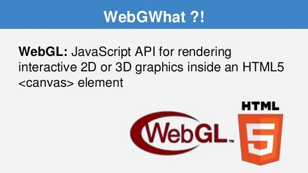 "WebGL" є API на "JavaScript", застосовуваним для рендеринга інтерактивної 2Д і 3Д графіки всередині елементів HTML5 "WebGL" является API на "JavaScript", применяемым для рендеринга интерактивной 2Д и 3Д графики внутри элементов HTML5